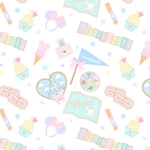 Parques, Disneyworld, Disneyland, niña, niño, patrón repetido, ropa, castillo, boleto, letrero, Mickey Mouse, Minnie, orejas de ratón, sombrero, comida,