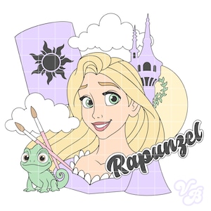 Peut inclure: Illustration de Raiponce aux longs cheveux blonds, aux yeux verts et à l'expression souriante. L'image comprend un caméléon vert, des pinceaux, une tour et le mot "Rapunzel" en écriture cursive. L'arrière-plan présente un soleil et des nuages.