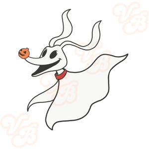 May include: A white cartoon ghost with a red collar and a small orange pumpkin on its nose. The ghost is flying with its arms outstretched.