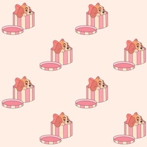 May include: A seamless pattern featuring a cartoon dog peeking out of a pink and white striped gift box with a pink bow. The background is a light pink.