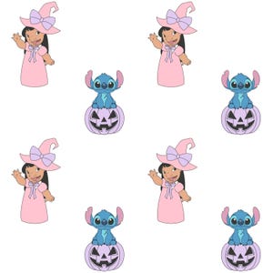 May include: A repeating pattern featuring the character Lilo from Lilo & Stitch dressed as a witch, wearing a pink dress and hat with a purple bow. Stitch is sitting on a purple jack-o'-lantern.