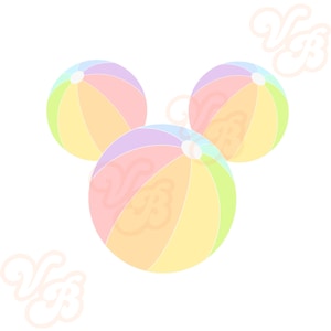 May include: Three pastel-colored beach balls with a rainbow pattern. The beach balls are arranged in a triangle shape.