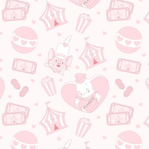 Puede incluir: Un patrón repetitivo de ilustraciones con temática de circo en tonos rosa y blanco. El diseño incluye carpas de circo, palomitas de maíz, cacahuetes, entradas y un elefante de dibujos animados sosteniendo un letrero en forma de corazón que dice "PEANUTS".