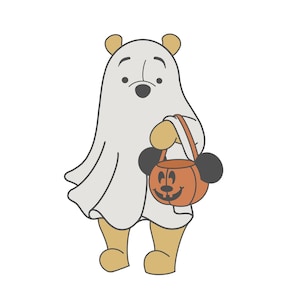 May include: A white ghost costume with a brown bear head and ears, holding a Mickey Mouse-shaped orange pumpkin bucket.