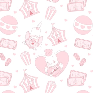 Puede incluir: Un patrón repetitivo de ilustraciones rosas con temática de circo sobre un fondo blanco. El diseño incluye carpas de circo, palomitas de maíz, cacahuetes, boletos y un elefante de dibujos animados sosteniendo una caja de cacahuetes. También se presentan corazones y un ratón de dibujos animados.