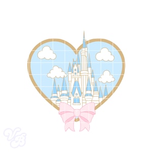 Puede incluir: Un diseño en forma de corazón con un castillo, agujas azules y un lazo rosa. El castillo se encuentra sobre un cielo azul claro con nubes blancas, enmarcado por un borde dorado. El diseño tiene una estética caprichosa y de cuento de hadas.