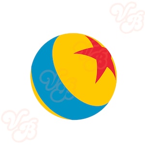 May include: A yellow ball with a blue stripe and a red star. The ball is a popular toy character.