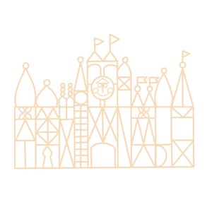 May include: A line drawing of the iconic Cinderella Castle at Walt Disney World, featuring a clock face with a smiling Mickey Mouse silhouette.