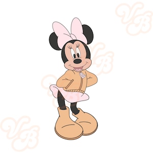 May include: A cartoon illustration of a female mouse wearing a brown jacket, a pink skirt, and a pink bow. The mouse has black ears and a black nose.