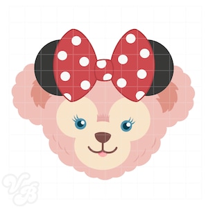 May include: A cartoon illustration of a pink bear face with black ears and a red bow with white polka dots. The bear has blue eyes, a brown nose, and a small smile. The background is a white grid.