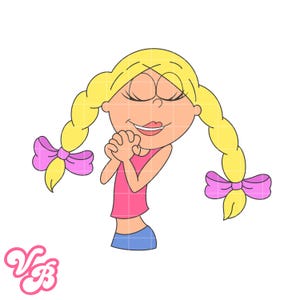 Puede incluir: Ilustración de dibujos animados de una niña rubia con coletas atadas con lazos rosas. Lleva una camiseta sin mangas rosa y pantalones cortos azules, con los ojos cerrados y las manos juntas. La imagen tiene un fondo blanco.