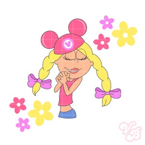 Puede incluir: Ilustración de dibujos animados de una niña sonriente con trenzas rubias, que lleva una camiseta rosa, pantalones cortos azules y un sombrero rosa con orejas de ratón. Flores rosas y amarillas la rodean. La niña tiene los ojos cerrados y las manos juntas.