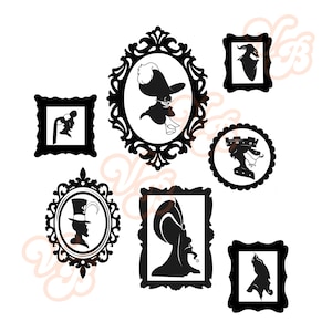 May include: Black silhouette portraits in ornate frames. The collection includes various shapes and sizes, featuring detailed profiles and figures. The frames have intricate designs, creating a vintage aesthetic. The artwork is set against a white background.
