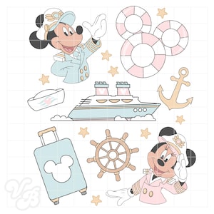 Puede incluir: Ilustración digital de temática náutica con Mickey y Minnie Mouse con uniformes de capitán, un crucero, salvavidas, un ancla, una maleta con el contorno de Mickey Mouse, un timón y estrellas. La paleta de colores incluye azul claro, rosa, beige y dorado.