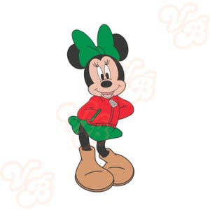 Può includere: Un'illustrazione di cartone animato di Minnie Mouse che indossa una giacca rossa, una gonna verde e un fiocco verde. Sta sorridendo e guardando a destra.