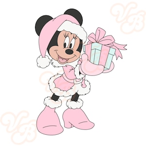 May include: A pink and white cartoon mouse wearing a pink Santa hat and holding a wrapped gift with a pink bow.