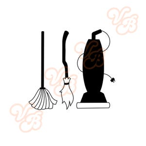 May include: A black and white illustration featuring a mop, a broom, and a vacuum cleaner. The mop has a white head and a black handle. The broom has a white brush and a curved black handle. The vacuum cleaner is black with a brown decorative design.