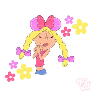 Puede incluir: Ilustración de dibujos animados de una niña con coletas rubias, lazos rosas y una camiseta rosa. Sonríe con los ojos cerrados y las manos juntas. Flores rosas y amarillas la rodean sobre un fondo blanco.