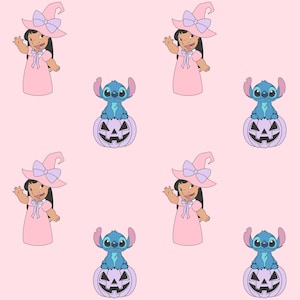 Puede incluir: Patrón repetido sobre fondo rosa con personajes de dibujos animados. Una niña con un vestido rosa y un sombrero de bruja con un lazo morado saluda. Un extraterrestre azul está sentado en una calabaza morada. Tema de Halloween.