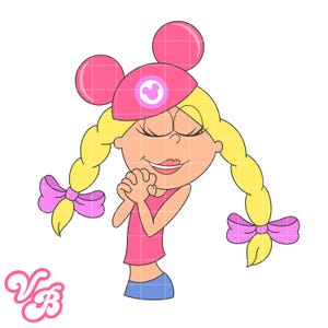 Puede incluir: Ilustración de dibujos animados de una niña con coletas rubias atadas con lazos rosas. Lleva una camiseta rosa, pantalones cortos azules y un sombrero rosa con orejas de ratón. La niña tiene los ojos cerrados y las manos juntas frente a ella. La imagen incluye un logotipo rosa con las letras "VB".
