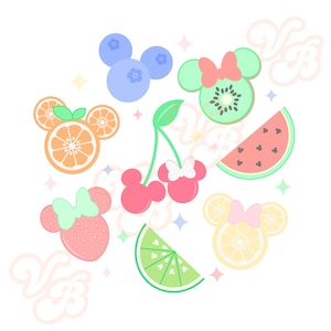 May include: A colorful illustration of various fruits and berries, including a strawberry, orange, kiwi, watermelon, lime, and blueberries, all styled as cartoon characters with bows and ears.