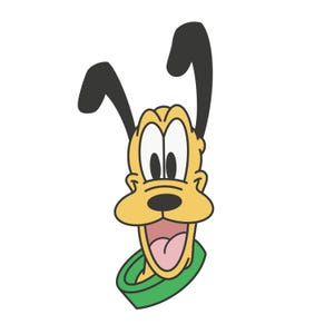 以下が含まれることがあります： 黒い耳と緑色の首輪をした黄色の犬の漫画のイラスト。犬は大きく笑っていて、直接視聴者を見ている。