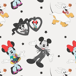 Può includere: Un motivo ripetuto con personaggi dei cartoni animati a tema Halloween. Topolino e Minnie sono raffigurati in vari costumi, tra cui Jack Skellington. Lo sfondo è grigio chiaro con accenti di stelle nere.