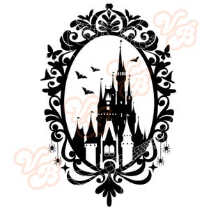 May include: Black silhouette of a castle within an ornate oval frame, featuring bats, spiders, and a spiderweb. The frame has decorative swirls, butterflies, and a witch's hat, creating a spooky, Halloween-themed design.