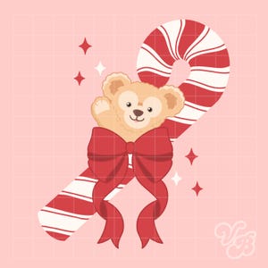 May include: A cartoon illustration of a teddy bear character waving from behind a red bow, with a candy cane in the background. The candy cane is red and white striped. The background is pink with a grid pattern and star accents.