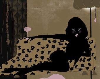 Velvet shadows and feline dreams | noir art print | fashion illustration | glamour art print
