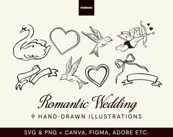 Handgetekende romantische clipartbundel SVG PNG: grillige bruiloftillustraties voor uitnodigingen en verjaardagsbriefpapier