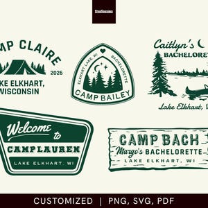 Peut inclure: Un ensemble de cinq designs graphiques vert foncé sur le thème du camping. Le texte inclut CAMP CLAIRE EST 2026 LAKE ELKHART WISCONSIN, CAMP BAILEY ELKHART LAKE WI BACHELORETTE, Caitlyn's BACHELORETTE Lake Elkhart WI, Welcome to CAMPLAUREN et CAMP BACH Margo's BACHELORETTE.