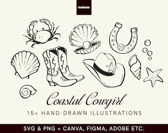 Coastal Cowgirl clipartbundel SVG png: handgetekende illustraties voor uitnodigingen, bruiloft, verjaardag briefpapier