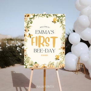 Personalized First Bee Day Welcome Sign for Girl&#39;s 1st Birthday Party with Bee Honey Garden Digital Item Download Now (18in x 24in) NP005