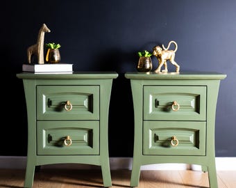 Bedside cabinets olive green/ Bedside tables/ Bedside drawers/ Nightstands pair