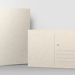 May include: A blank postcard with a place to put a stamp and a section for the recipient's address. The postcard is made of a textured, light brown paper.