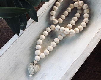 Wood Beads GREIGE Lava Heart - Home Décor, Prayer Beads, Meditation, Garland, Farmhouse Décor, Boho Design, Essential Oil Diffuser