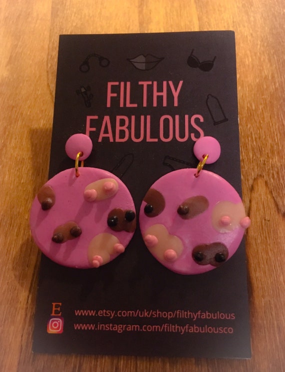 Pink 3D Boob Drop Earrings, Handmade With Polymer Clay. Gift for
