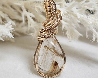 Wire Wrapped Rutilated Quartz Pendant in Yellow Gold