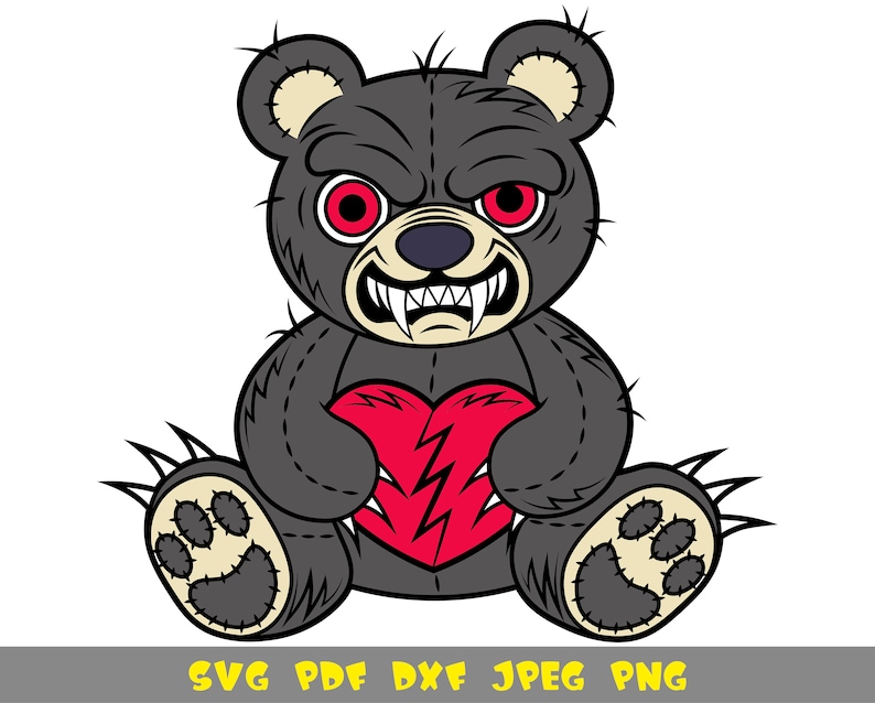 Grey angry teddy bear with broken heart and red eyes svg png | Etsy
