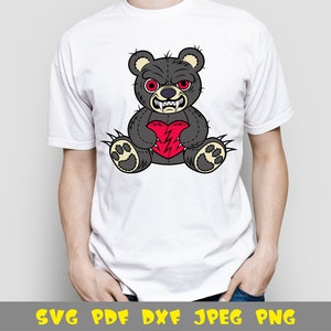 Grey angry teddy bear with broken heart and red eyes svg png | Etsy