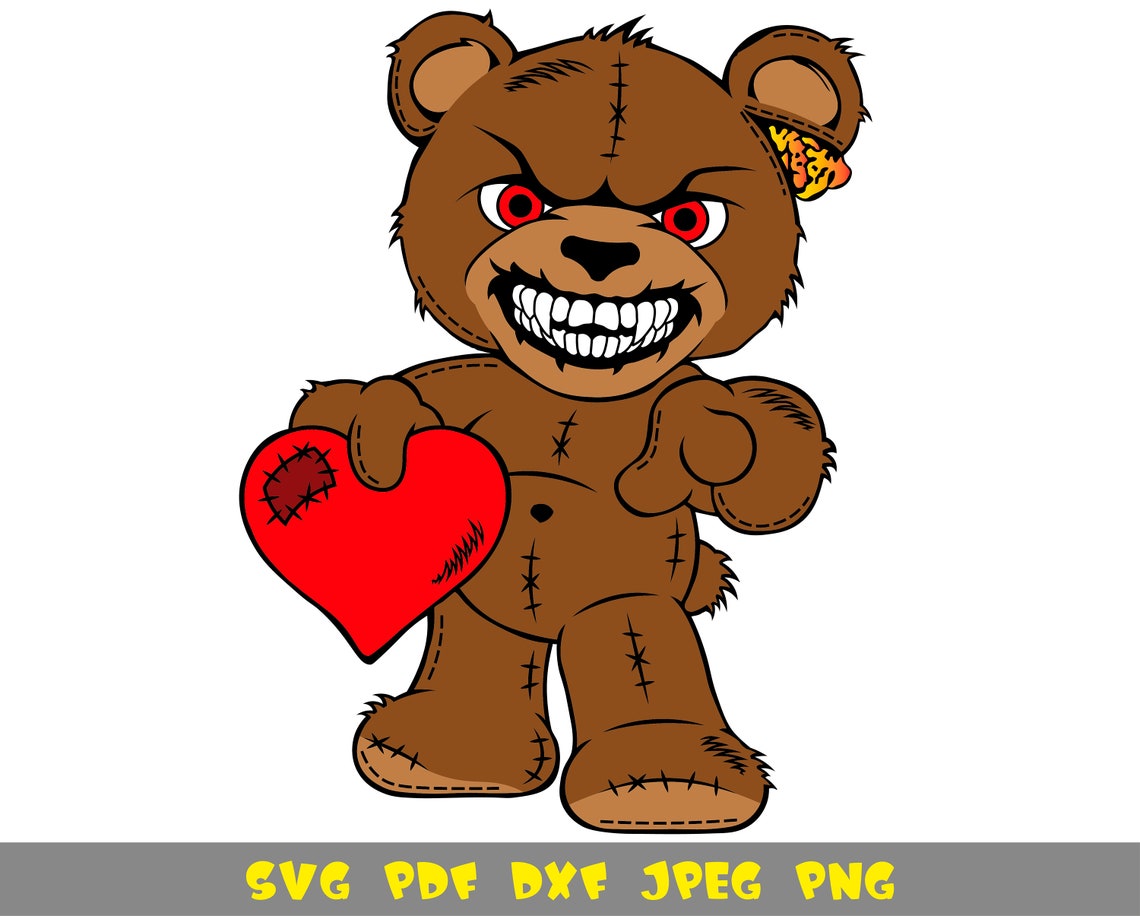 Brown angry teddy bear with red eyes and heart svg png pdf | Etsy