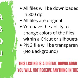 May include: Green background with the word "ABOUT" in white letters. Text reads: "All files will be downloaded in 300 dpi. All files are original. You have the ability to change colours of the files within a Cricut or silhouette. PNG file will be transparent (No Background). THIS LISTING IS A DIGITAL DOWNLOAD ONLY! YOU WILL NOT RECEIVE ANYTHING IN THE MAIL!"