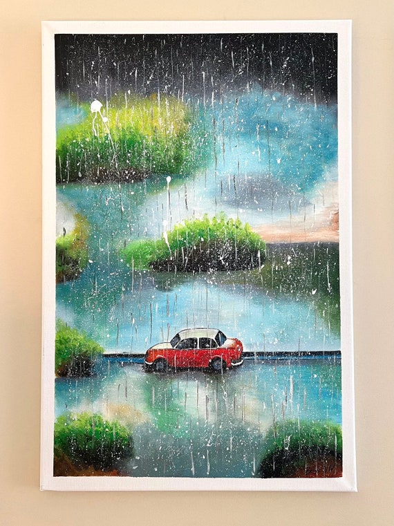 FINE ARTISTS『路面電車』絵画油絵shiva,inc. ファインアート Car Driving Int the Rain, Grouped 2 Acrylic Hand Painted Art Work
