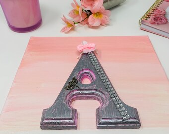 Girl Silver Letter Initial on Pink Patterned Hombre 10X10 canvas