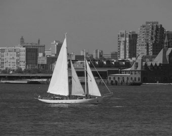 Black and White Sail Boat Photo with Jersey City SkyLine in the background
