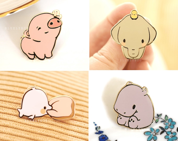 Cute Animal Hard Enamel Pin - Pastel Kawaii Wildlife Baby Pins Pig Hippo Elephant Fish