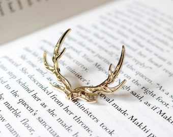 Stag Pin - Bookish Gold Enamel Lapel Pins Deer Antlers Fantasy Bone Book