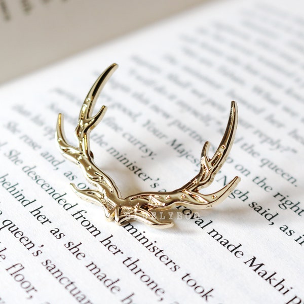 Stag Pin - Bookish Gold Enamel Lapel Pins Deer Antlers Fantasy Bone Book