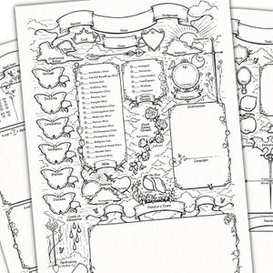 May include: Black and white character sheet for a role-playing game. The sheet includes sections for species, class, skills, and features. Decorative elements include butterflies, flowers, and banners. The sheet is designed for players to track their character's stats and abilities.